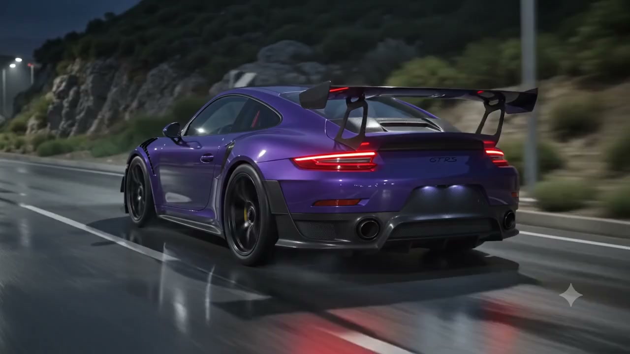 Night-time mountain pass with a Porsche driving through illuminated curves